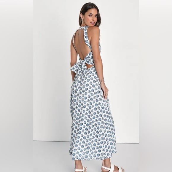 Lulus Flirty Fave Ivory Floral Print Tie-Back Midi Dress size dress size medium - Picture 6 of 10